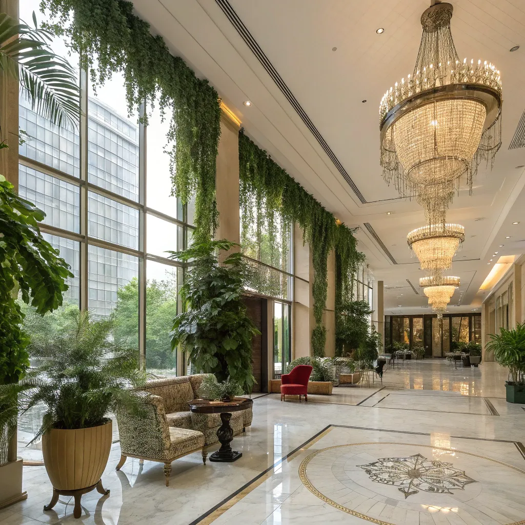 Luxurious hotel lobby with abundant plants