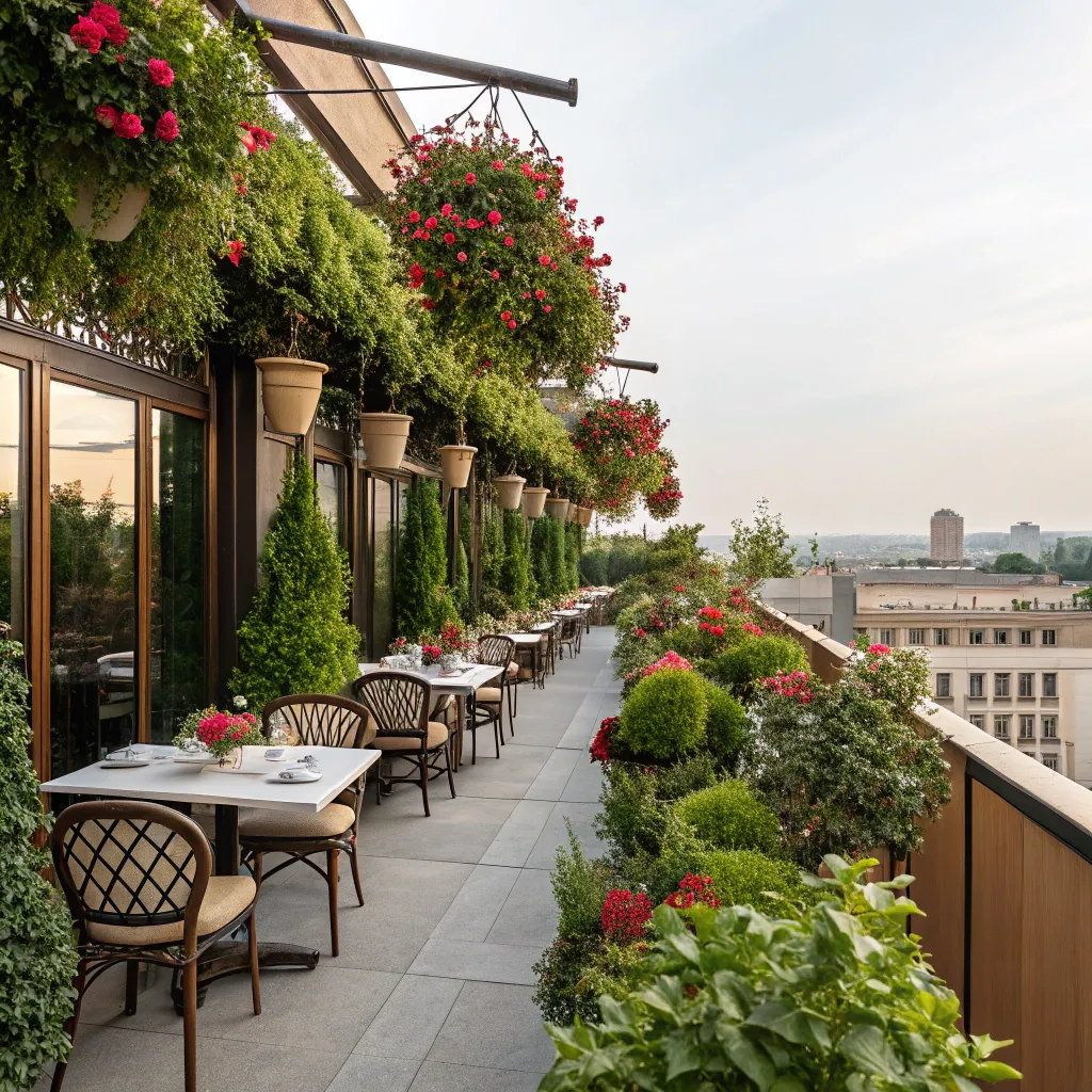Restaurant terrace with beautifully arranged plants